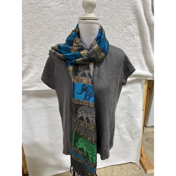 Pashmina 100% Cashmere Elephant Shawl Scarf Metallic Green Blue Gray  novelty - Picture 1 of 9